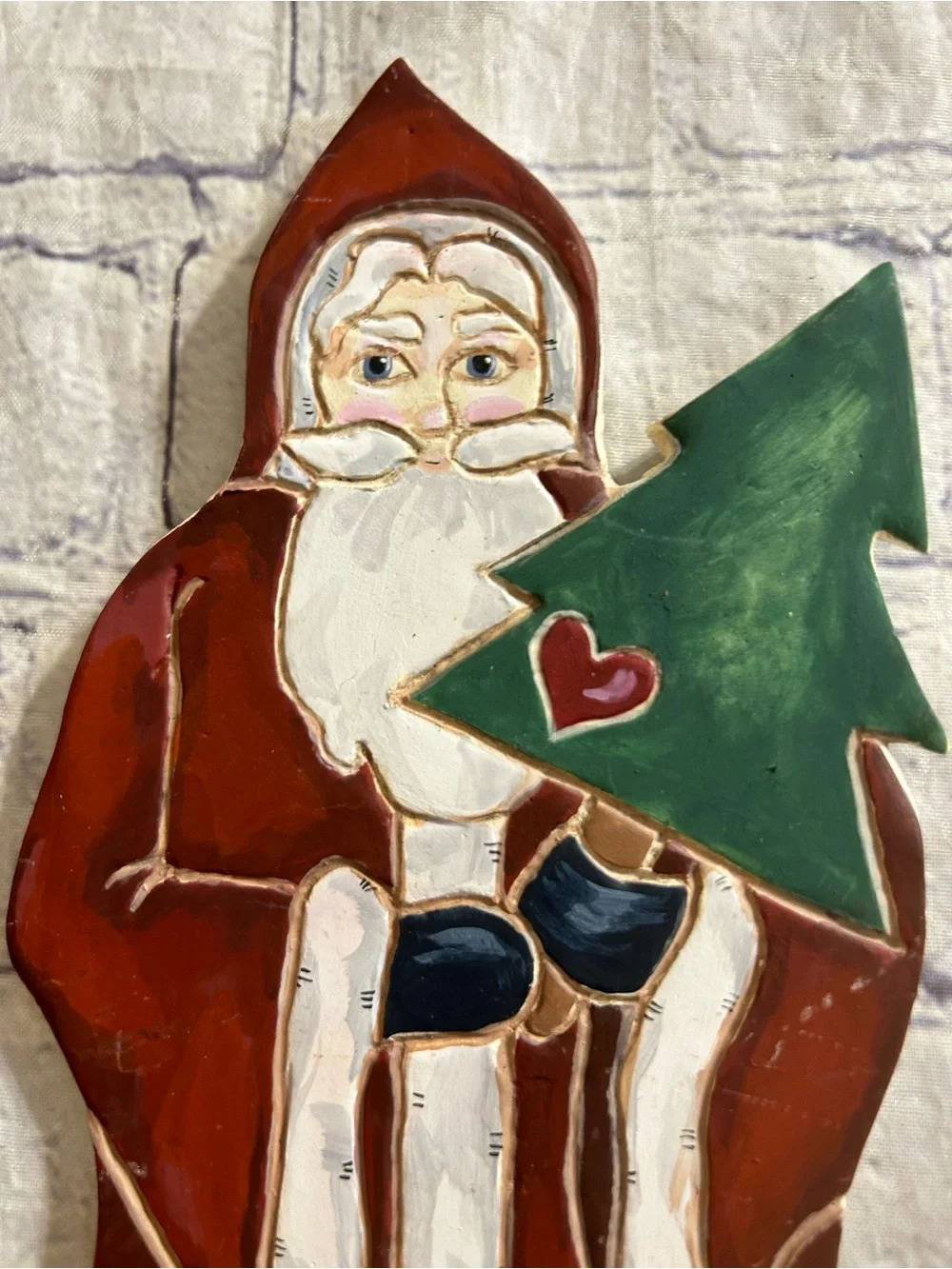 VTG OLD WORLD SANTA CLAUS CERAMIC HOLDING CHRISTMAS TREE HOMEMADE WALL DECOR